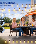 100 Ft LED Outdoor String Lights With Remote Control hanging by patio, three women enjoying outdoor dining, shatterproof S11 bulbs.