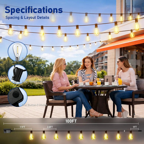 100 Ft LED Outdoor String Lights With Remote Control hanging by patio, three women enjoying outdoor dining, shatterproof S11 bulbs.
