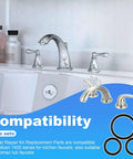 Moen 96778 O-Ring Kit For Kitchen Faucets displayed with compatible faucet and O-rings, suitable for Roman tub and 7400 series models.