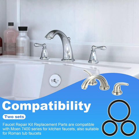 Moen 96778 O-Ring Kit For Kitchen Faucets displayed with compatible faucet and O-rings, suitable for Roman tub and 7400 series models.