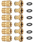 Solid Brass Garden Hose Quick Connect Fittings Three Quarter Inch Thread For Female And Male No Leak Water Hose Connectors Universal Fit Easy Snap On Six Set Durable Heavy Duty Garden Patio Use shown in gold with O-rings included.