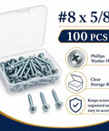 Washer Head Phillips Screws Size Eight By Five Eighths Inch, 100 Pieces With Storage Box, Great For Wood Fastening And DIY Projects