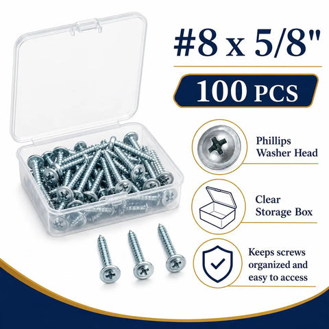 Washer Head Phillips Screws Size Eight By Five Eighths Inch, 100 Pieces With Storage Box, Great For Wood Fastening And DIY Projects