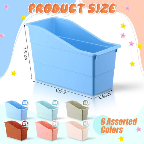 24 Pack Book Bins For Classrooms And Home Office, Plastic Binder Holders, Vertical Organizer Baskets, size details in light colors