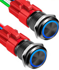 Two Pack 16mm Latching Push Button Switch 12V DC On Off Self Locking With Wire Socket Plug LED Angel Eye Head Blue LED Black Shell