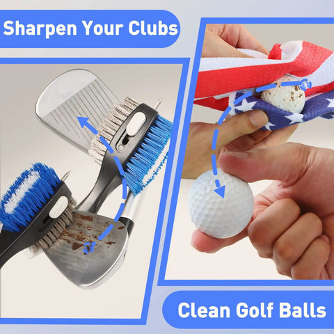 Magnetic Golf Club Cleaning Kit with American Flag Towels, dual pack groove brush and pick, cleaning golf clubs and balls