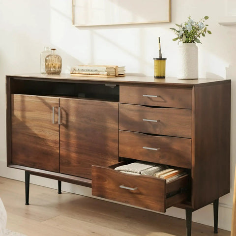 Wooden dresser with open drawer displaying 10 Pack Brushed Nickel Cabinet Pulls 3-3/4 Inch Hole Center Square Bar Drawer Handles