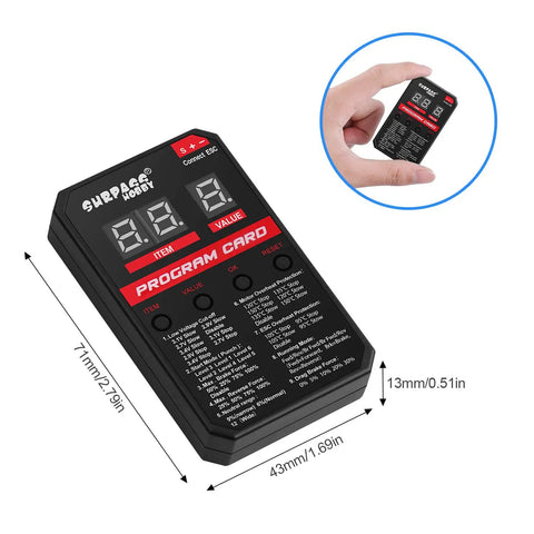 LED RC ESC Programmer Card For Brushless ESCs 25A-150A, Compatible With Rocket RC And Surpass Hobby ESCs, shown with dimensions