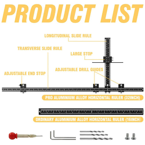 Kick Butt Cabinet Hardware Drill Jig Kit Featuring Detachable 32 Inch And 16 Inch Wood Drill Guide For Drawer Pulls Cabinetry detailed parts layout.