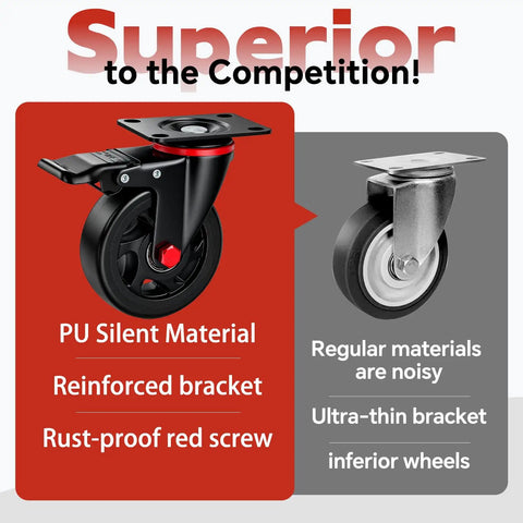 Heavy Duty 4 Inch Caster Wheels With Dual Lock Brakes 2400 Lb Capacity Set Of 4 Non Marking Rubber Tires comparison image showing PU silent material and reinforced bracket.