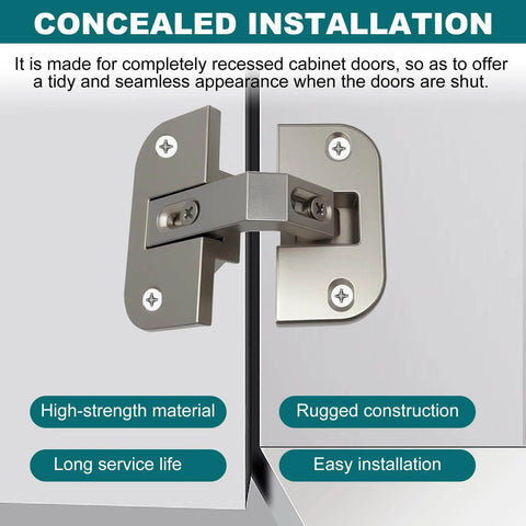 Adjustable Pie Cut Corner Cabinet Hinge With 78 Degree Opening for Lazy Susan and bifold doors, concealed mount shown installed