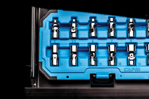 1/4 Inch Drive Universal Socket Set, 5-15 Millimeter Metric, 12-Piece, 360 Degree Rotating Sockets, chrome vanadium steel in case