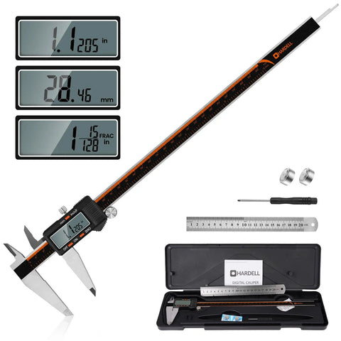 Stainless Steel Digital Caliper 12 Inch With Large LCD Screen Auto Off Inch Millimeter Switch For DIY Jewelry 3D Printing And Precision Measuring Tool displayed with case and ruler.