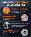 Fuel Injector Tester For Six Volt And Twelve Volt MPI Injectors Fix Misfire And Rough Idle Visualize Spray Pattern And Flow Rate Diagnostic Tool For Cars And Motorcycles To Maximize Fuel Efficiency with features like clear fluid display, reusable test fluid, injector compatibility, and 12V power support.