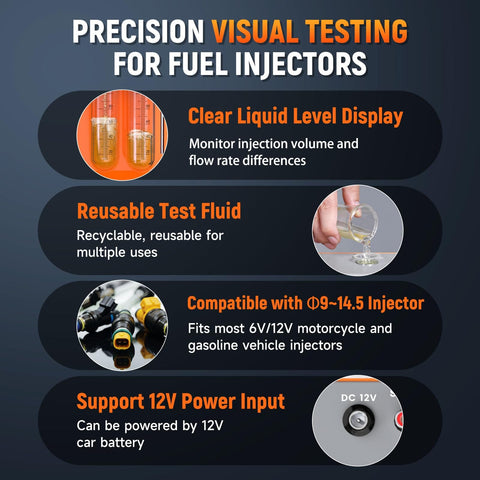 Fuel Injector Tester For Six Volt And Twelve Volt MPI Injectors Fix Misfire And Rough Idle Visualize Spray Pattern And Flow Rate Diagnostic Tool For Cars And Motorcycles To Maximize Fuel Efficiency with features like clear fluid display, reusable test fluid, injector compatibility, and 12V power support.