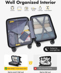 Open 16 Inch Underseat Carry On Luggage Airline Approved Hard Shell Suitcase with items secured inside compartments.