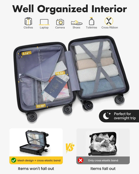Open 16 Inch Underseat Carry On Luggage Airline Approved Hard Shell Suitcase with items secured inside compartments.