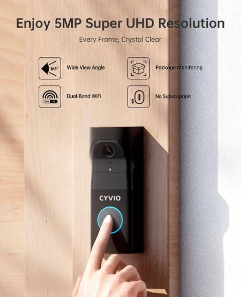 Wireless Doorbell Cam With Base Station, 5MP Super HD Door Cam, on wall with finger pressing button, dual-band WiFi