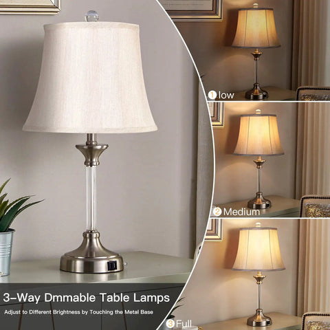 Set Of 2 Silver Touch-Activated Bedside Lamps With Dual USB Ports, 3-Way Dimmable Nightstand Lighting showing different brightness