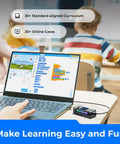CyberPi Project Based Coding Kit For Kids Ages Eight To Twelve With Hands On STEM Projects Including An Auto Driving Car An Oscillating Fan And A Smart Trash Bin Made To Spark Creative Problem Solving And Real World Tech Skills. Laptop with coding app and CyberPi device on classroom desk