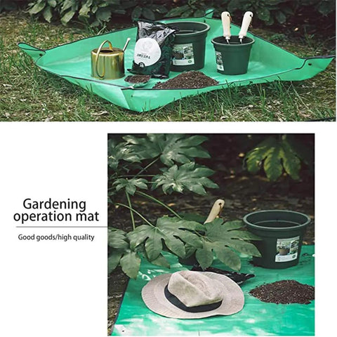 2Pack Plant Repotting Square Mats Foldable 39.3 Inch Garden Transplanting Work Cloth Waterproof Dirty Catcher Tarp with gardening tools