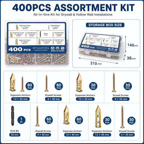 Workhorse 400 Piece Self Drilling Drywall Anchor And Screw Kit With 170 Expansion Anchors 200 Drywall Screws And 50mm Double Ended Driver Bit For Quick Strong All In One Hollow Wall Mounts, 400pcs kit