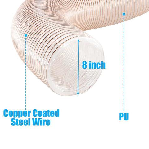 Close-up of 8 Inch Dust Collection Hose 20ft Flexible Collector Hose With Stainless Steel Clamps For Woodworking And Garage PU Material
