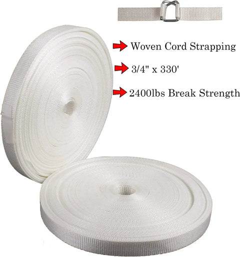 Heavy Duty Pallet Strapping Kit With Three Quarter Inch Woven Cord And Ratchet Tensioner Featuring A Sharp Blade Plus Fifty Reusable Buckles For No Hassle Industrial Packing That Gets Results Fast, showing 3/4 inch woven cord strapping.