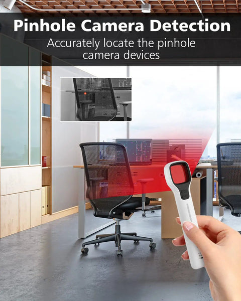 Hand using G6 Sport Hidden Camera Bug Detector in office, detecting devices, with pinhole camera detection explanation in text.