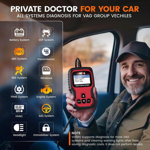Man holding VD500 OBD2 Scanner for Volkswagen Group Cars Diagnostic Tool for VW Audi Skoda Seat in vehicle interior.