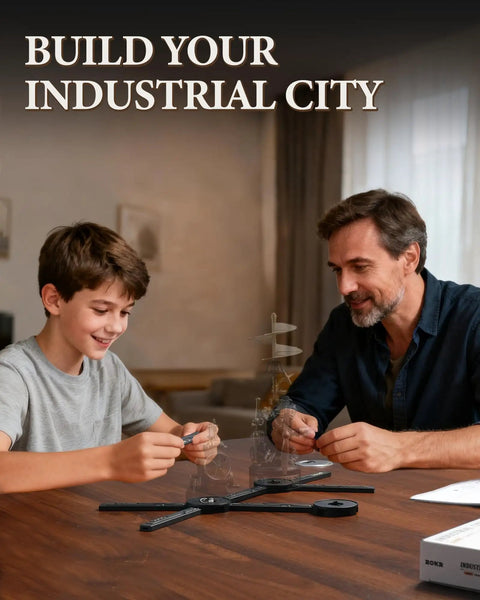 Electric Connector Mechanical 3D Puzzle Accessory And DIY Power Hub For MechMix Series Build Kit Add On Central Power Hub To Link Up Multiple Units And Power Your Desktop City Projects, father and son assembling modular city pieces