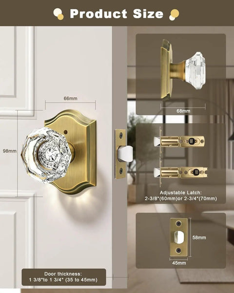 Clear Glass Diamond Door Knob Set With Privacy Lock In Antique Brass Finish, showing size details and latch adjustment