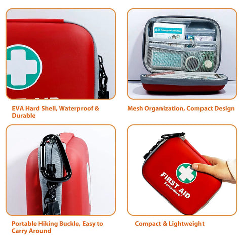 SuccorWare red mini hard-shell first aid kit with carabiner and white cross logo