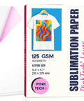 PinkTech 125Gsm Sublimation Paper 8.5x11 Inch Pack Of 110 Sheets showcasing printed T-shirt design on packaging