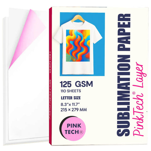 PinkTech 125Gsm Sublimation Paper 8.5x11 Inch Pack Of 110 Sheets showcasing printed T-shirt design on packaging