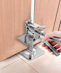 Dual Action Labor Saving Arm Jacks 2 Pack Adjustable Height Hand Lifter for Doors Windows and Massive Furniture with Built In Magnet Level and Quick Release No Sweat Operation Tough As Nails Silver Finish in use lifting a cabinet door.