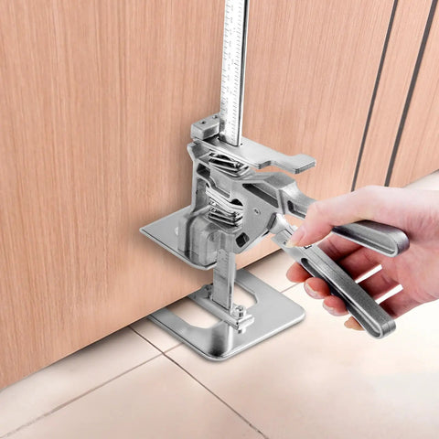 Dual Action Labor Saving Arm Jacks 2 Pack Adjustable Height Hand Lifter for Doors Windows and Massive Furniture with Built In Magnet Level and Quick Release No Sweat Operation Tough As Nails Silver Finish in use lifting a cabinet door.
