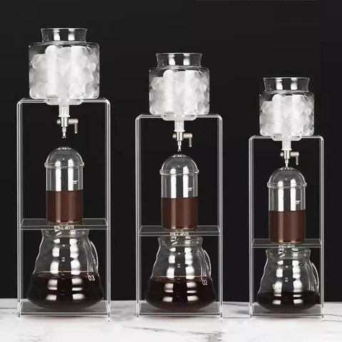 Smooth Sippin Cold Brew Drip Coffee Maker With Stainless Filter And Adjustable Flow Yields Barista Style Drinks Via Glass Carafe On Acrylic Stand makes 3-6 cups.