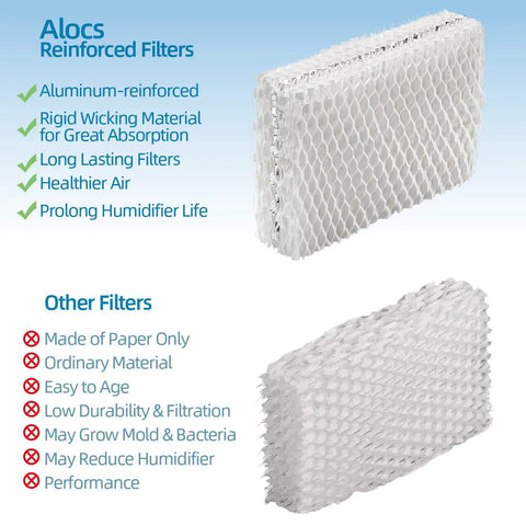 Relion Compatible Humidifier Filter Replacement Pack Of 4 For RCM832 RCM-832N ProCare PCWF813 Protec WF813 Equate EQ-2119-UL EQWF813, showing aluminum-reinforced filter vs regular filter comparison