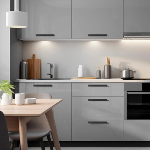 Modern kitchen with matte black cabinet pulls 25 pack, 5.5 inch length with 5 inch hole spacing, installed on gray cabinets.