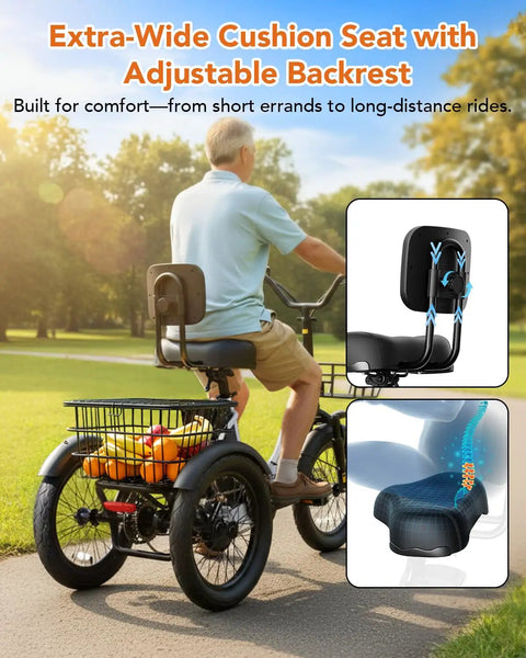 Man riding Powerful 1200W Folding Trike Ebike with 499Wh removable battery, focusing on cushioned seat and backrest, step through design.