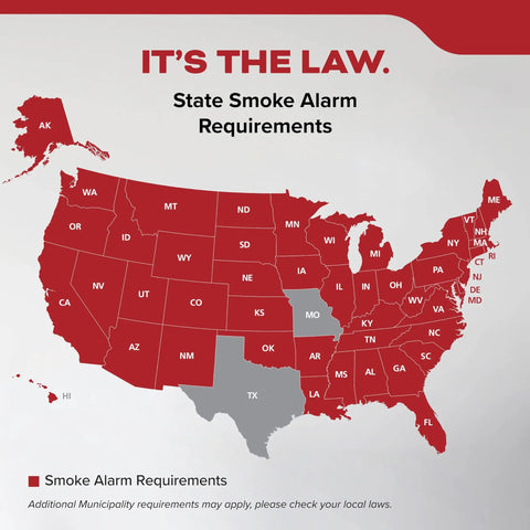 Map showing state smoke alarm requirements across the USA with text stating "It's the Law".