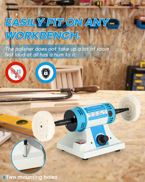 Beast Bench Buffer Polisher With Three Polishing Wheel Types And Variable Speed on workbench with cotton wheels