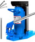 Heavy Duty 2 In 1 Hydraulic Bottle Toe Jack With Savage 10 Ton And 5 Ton Capacity Featuring Air Hydraulic Claw and No Stress Manual Pump close-up of blue jack with handle and components.