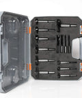 14 Piece Forstner Bit Set with Carbide Tips for Woodworking in open case showing durable bits, ideal for smooth perimeter cuts.