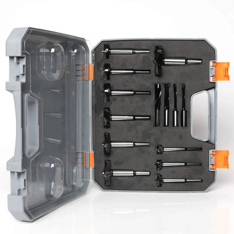 14 Piece Forstner Bit Set with Carbide Tips for Woodworking in open case showing durable bits, ideal for smooth perimeter cuts.