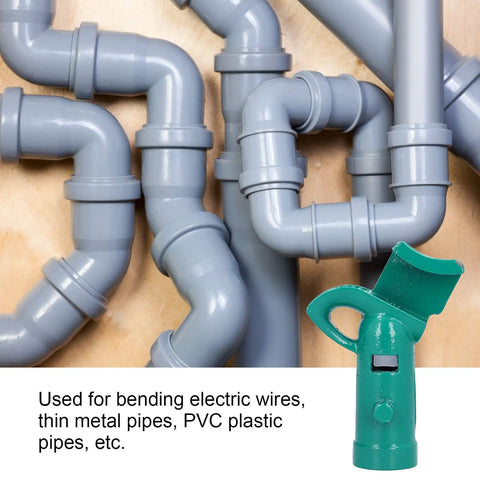 Heavy Duty Manual Wire Tube Bender For 3/4 Inch Metal Pipe alongside gray PVC pipes used for bending thin metal and electric wires.