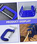 Heavy Duty 4 Inch G Clamp Table Mount For Woodworking And Metalworking Projects A Super Sturdy Workholding Clamp To Secure Materials On Your Workbench Quick Setup And Stable Grip For Hassle Free Builds, showing multiple blue clamps displayed in various positions on workbench.