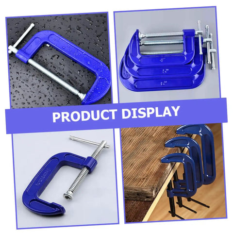Heavy Duty 4 Inch G Clamp Table Mount For Woodworking And Metalworking Projects A Super Sturdy Workholding Clamp To Secure Materials On Your Workbench Quick Setup And Stable Grip For Hassle Free Builds, showing multiple blue clamps displayed in various positions on workbench.