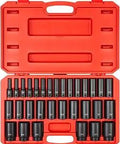 One Half Inch Drive Deep Six Point Impact Socket Set With Case, 31 Piece Metric Sockets 8 To 38 Mm displayed in a red case.